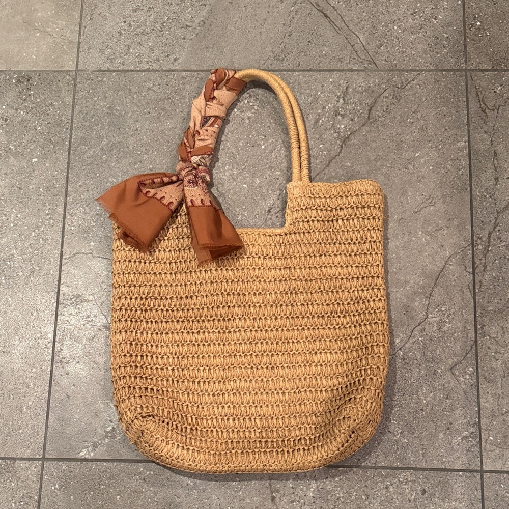 Woven Tan Tote Bag with Brown Accent